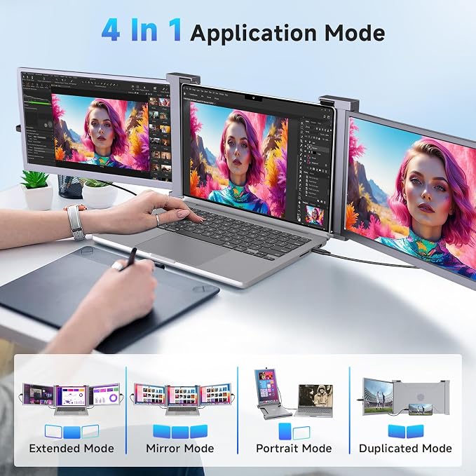 14" Triple Laptop Screen Extender, 1080P FHD IPS Portable Laptop Monitor for 14"-17.3" Laptops, Plug & Play Laptop Monitor Extender with USB-C/HDMI for Mac/Windows/Chrome/Android, Gray