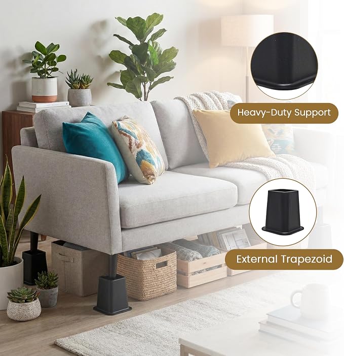 Kings Brand Furniture 6-inch Bed Risers - Set of 4 Black Heavy Duty Stackable Furniture Risers for Under Bed Storage, Desk, Sofa, Couch