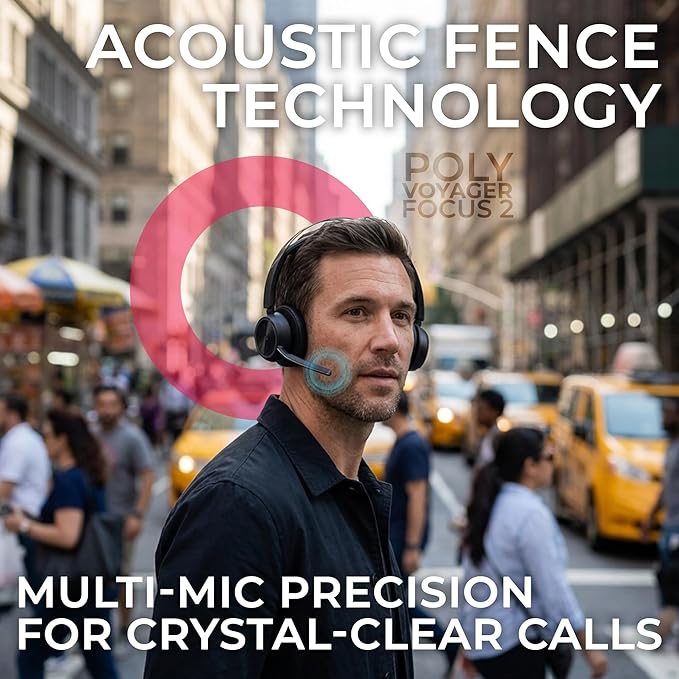 Poly Voyager Focus 2 UC Bluetooth Wireless Headset, USB-C, Pairs to Both Laptop and Cellphone for Work Calls Video Meetings- Compatible with Teams, Zoom, RingCentral, 8x8, Global Teck Microfiber