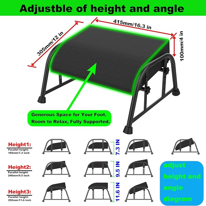 Under Desk Footrest with Memory Foam,Adjustable 10-Level Ergonomic Foot Rest for Office & Gaming Desk for Leg Rest,Reinforced Metal Frame,Non-Slip Base Extra Large（Black with Baseplate