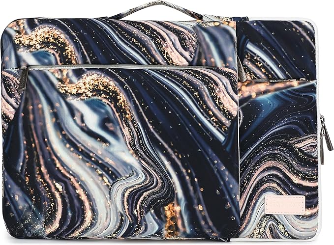 360° Protective 3 Pockets Laptop Sleeve Case Bag with Handle for MacBook Air 15 inch,MacBook Pro 16 inch and 15.6 inch Screen Laptop (Black Marble)