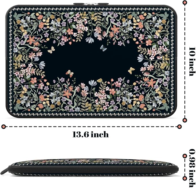 iCasso Laptop Sleeves 13 inch,Retro Laptop Carrying Case Black,13-13.6 inch Computer Sleeve Bag Compatible with MacBook Neo/Air/Pro 13-14 Sleeve, HP Dell ASUS Lenovo Chromebook Notebook,Flowers