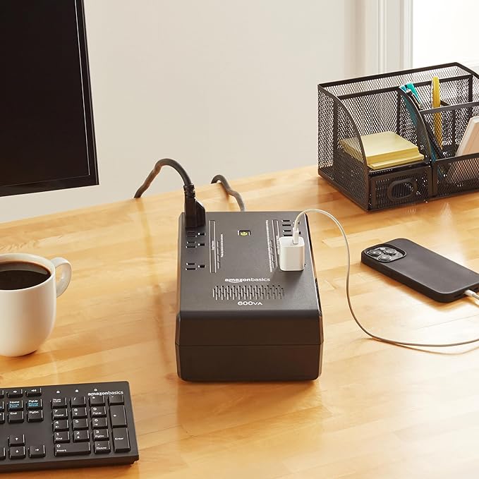 Amazon Basics UPS Battery Backup & Surge Protector, 600VA/360W, 8 Outlets, Standby Uninterruptible Power Supply, Power Outage Protection, Compact Design, Black