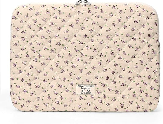 Puffy Laptop Sleeve Case Cute Computer Bag Flower Printed Quilted Laptop Carrying Cases Floral Pattern Protective Cover