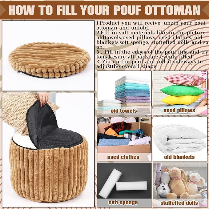 Teenyyou 2 Pcs 20 x 15 Inch Unstuffed Pouf Cover Ottoman Foot Rest - No Filler, Faux Rabbit Fur Foot Stool Floor Bean Bag Floor Chair Storage for Living Room Bedroom Home Decor(Brown)