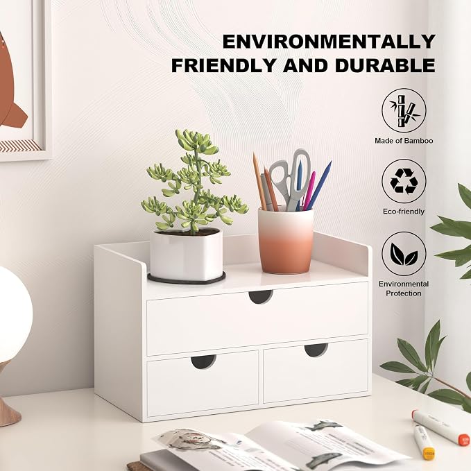 Wisuce Bamboo Desk Organizer - Mini Bamboo Desk Drawer Tabletop Cosmetic Storage Organization for Office or Home White with Shelf