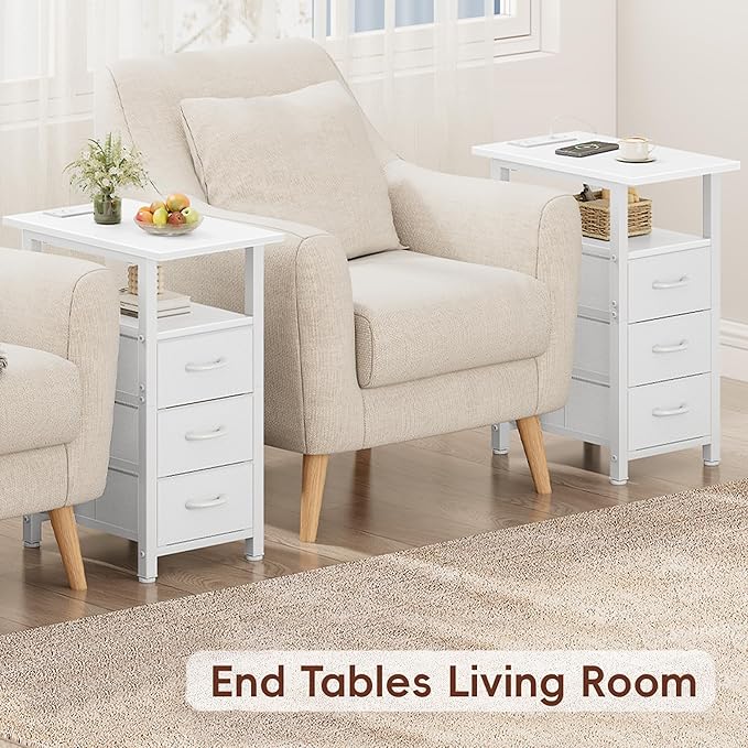 Vagusicc White End Table with Charging Station, Narrow Side Table, Narrow Nightstand with 3 Fabric Drawers, Slim Sofa Side Table for Small Spaces, Small Night Stand for Bedroom, White