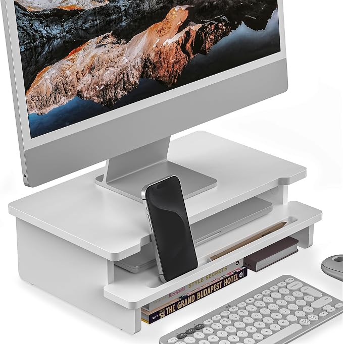 Computer Monitor Stand Riser, 16.5 Inch Wood Desk Shelf Storage Organizer with Phone Tablet Holder, White