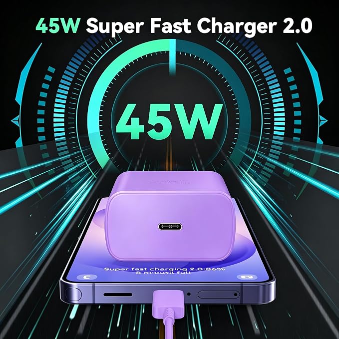 45W Super Fast Charger USB C Android Phone Type C Charger Fast Charging Block with 6.6FT Cord for Samsung Galaxy S26/S26 Ultra/S26+/S25 Ultra/S25/S24 Ultra/S23 Ultra/S22/S21/S20/Note 10, Purple+Blue
