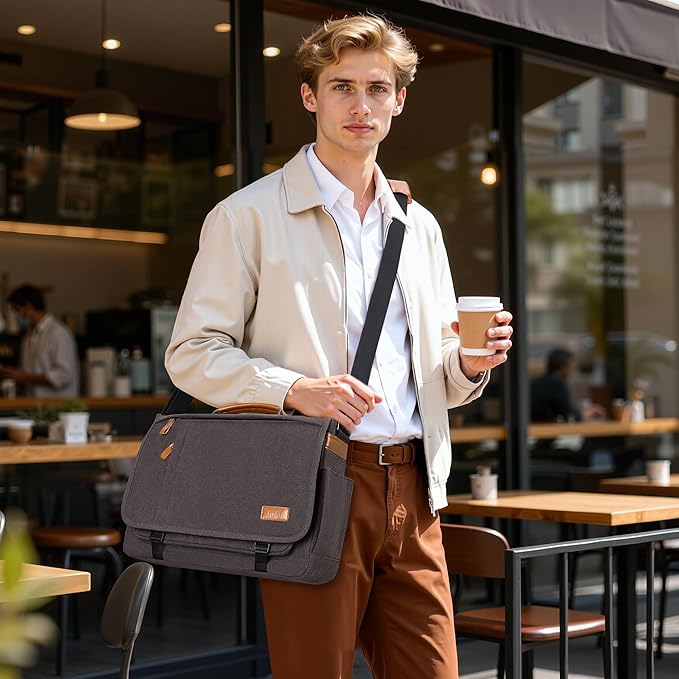 ESTARER Computer Messenger Bag 15-15.6 inch, Laptop Work Bag Briefcase for Bussiness/College/Travel, Water-resistant Canvas Shoulder Satchel, Grey