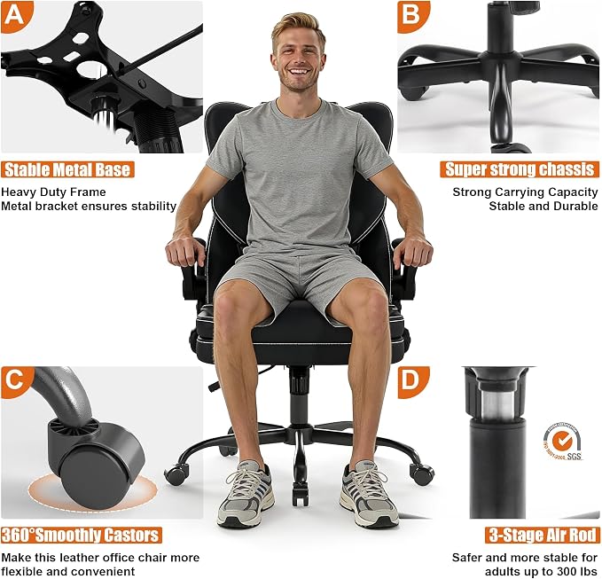 Ergonomic Office Chair with Flip-up Armrests, 300lbs Mid Back Computer Office Desk Chair with Lumbar Support, Executive Leather Chair with Rocking Function Adjustable Height for Home Office