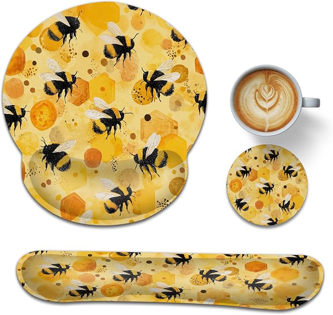 Ergonomic Keyboard and Mouse Wrist Rest Set, Cute Bee Mouse Pad with Non Slip Base, Soft Cloth Surface for Office and Home Typing Support