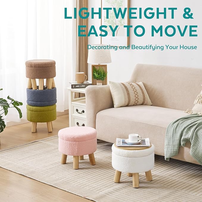 Small Foot Stool Ottoman with Storage, Sherpa Ottoman Foot Rest for Couch, Round Footstool with Storage, Small Ottomans and Footstools for Living Room and Entryway (Bright Green)