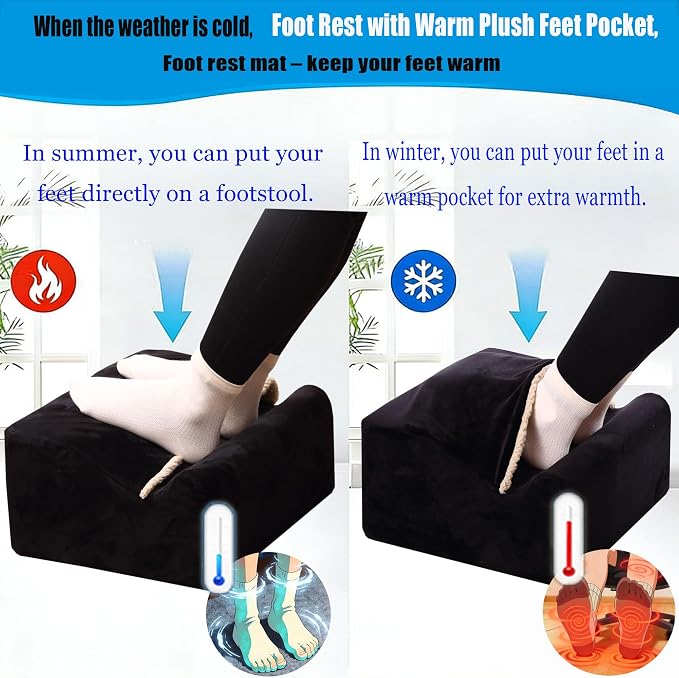 Foot Rest for Under Desk at Work, Office Footrest with Warm Feet Pocket,Ergonomic Under Desk Footrest with Washable Cover, Stool for Office Chair & Back &Pain Relief (Black+)