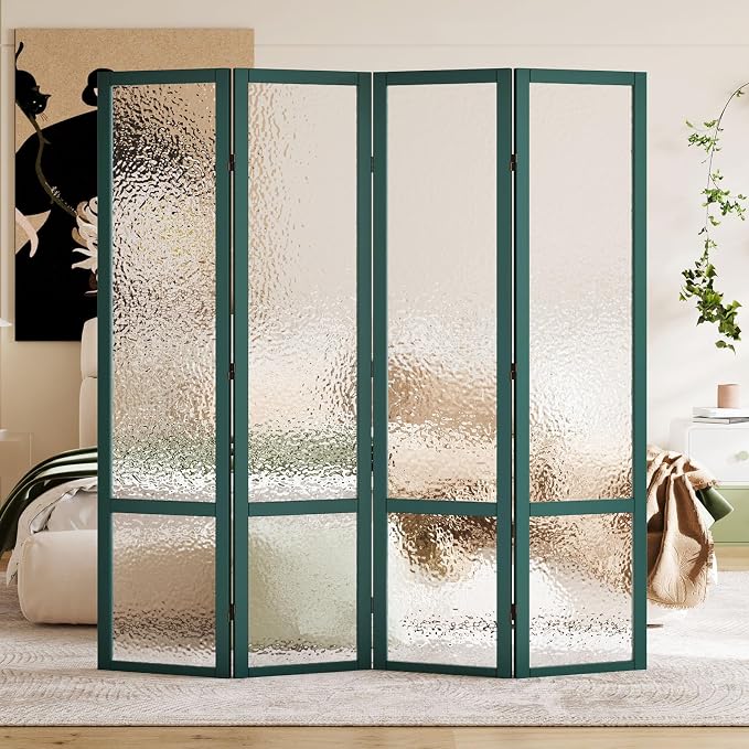 Acrylic Room Divider, 4-Panel Freestanding Partition Screen, Frosted Translucent Privacy Panel - Lightweight Modern Divider for Home Office Studio (Dark Green, 4 Panels)