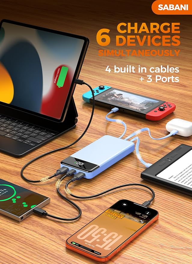 Portable Charger 35000mAh Power Bank - Powerbank with 4 Built in Cables, 22.5W Fast Charging Travel Camping Essential Battery Pack Compatible with iPhone 17 16 15 14 13 Samsung Google, 1 Pack, Azure