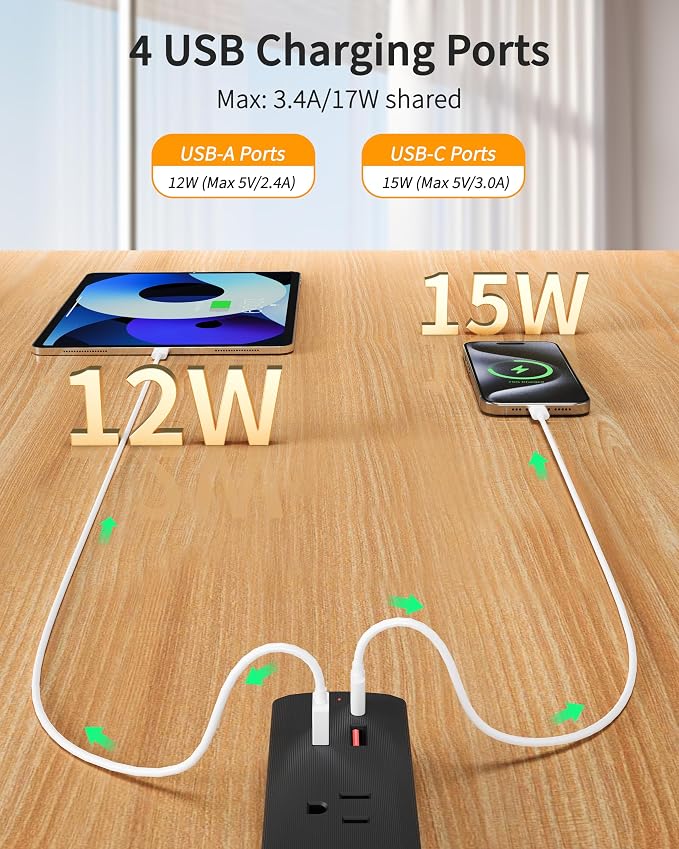 DEPOW Black Surge Protector Power Strip, Ultra Thin 5 Ft Flat Plug Extension Cord, 1700 Joules, 5 Widely Spaced Outlets with 4 USB Ports (2USB-C), 1625W/13A, Wall Mount for Home Office, Black