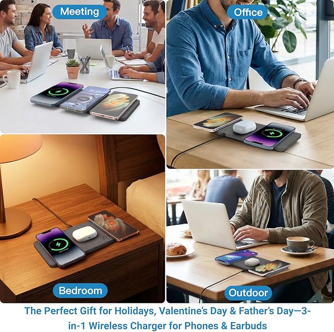 ZealSound Wireless Charging Pad, 3 in 1 Charger Mat for iPhone, Samsung Galaxy, Pixel, AirPods & Galaxy Buds, 24W Adapter Included, Ultra Slim, Case Friendly, PU Leather, Home Office & Travel, Gray