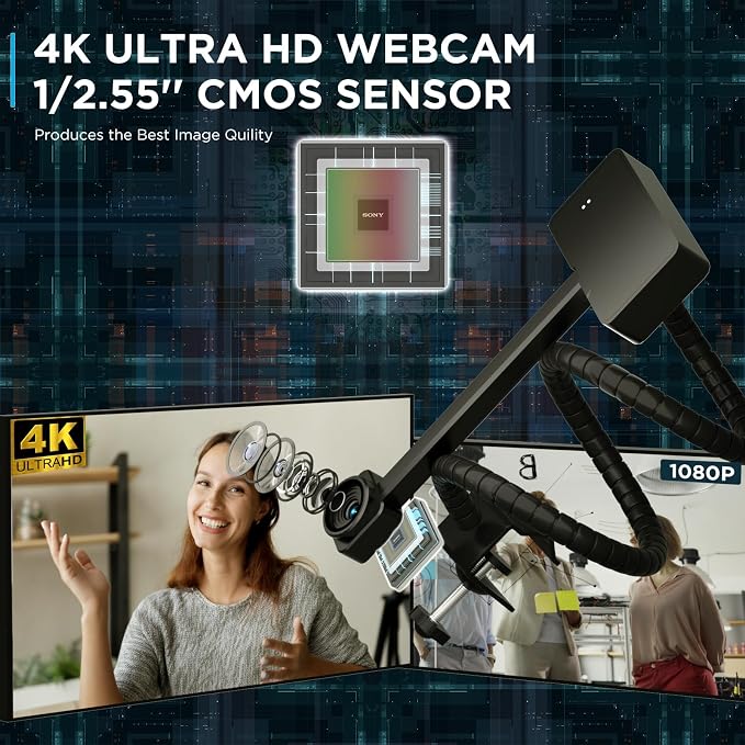 4K Webcam for PC with Remote Control, Ultra HD 1/2.55'' Sensor, Autofocus, 10x Digital Zoom, Low Light Performance, Streaming Camera for PC/Video Calling/Zoom/Skype/Teams