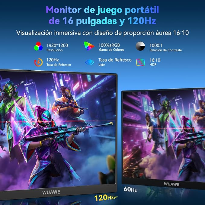 WUAWE 16" 1200P 120Hz Portable Monitor, 100% sRGB Portable Gaming Monitor with Built-in Stand,HDR and Freensync, External USB C Monitor for Laptop, PC, Phone, Switch and PS5 (Black)