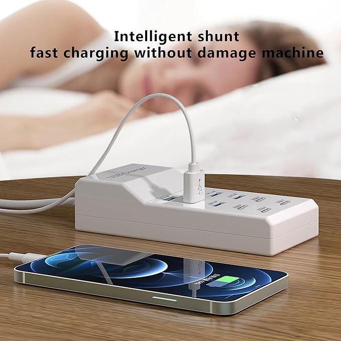 USB Charger,50W USB Charging Station with 10-Port (6 USB-A Port & 4 USB-C Port) Compatible with iPhone 15/14/13/13pro Max 12/12 Mini/12Pro/12 Pro Max/11,Tablets, Smartphones White