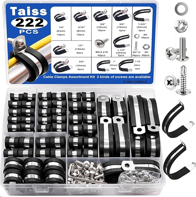 Taiss 222PCS Cable Clamps Assortment Kit 304 Stainless Steel Rubber Cushion Pipe Clamps 10 Sizes 1/4" 5/16" 3/8" 1/2" 5/8" 3/4" 1" 1-1/4" 1-1/2" 1-3/4" Metal Wire Clamps (with Two Kinds of Screws)