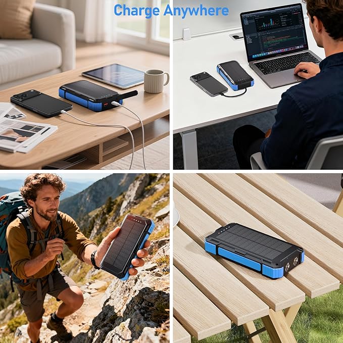 Solar Charger Power Bank 49800mAh, 22.5W PD Fast Charging Portable Phone Charger Built-in 4 Cables with USB C, Wireless Charger for Phone, Dual Flashlights, Solar Battery Charger for Outdoor Camping