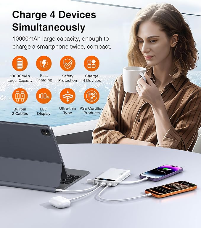 Power Bank with 2 Built-in Cables 10000mAh, 22.5W PD Slim Portable Charger USB C Battery Pack, Travel Essentials Fast Charging Powerbank Compatible with iPhone 17 16 Plus Pro Galaxy iPad White(1 Pack)