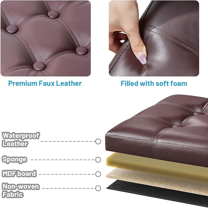 Bsketa Storage Ottoman Foot Rest Stool, Small Leather Storage Ottomans Bench, Folding Footstool with Side Pockets, Foot Rest Under Desk for Living Room Bedroom, 16x12x12 in, Brown