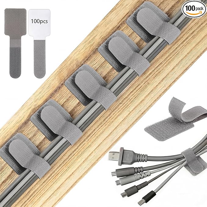 100 Pcs Hook and Loop Cable Ties, Self Adhesive Cable Management Under Desk Cable Straps, Adjustable Cord Organizer for Desk Home Office Organization (Grey)