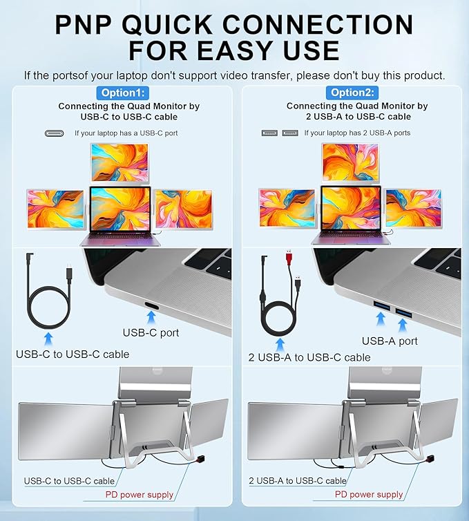16" Laptop Screen Extender Monitor Portable, Quad Monitor, Just 1 Cable for 3 Screens, FHD 1200P IPS Laptop Extender Compatible with Wins/Mac for 13.6" - 18.5" Laptops