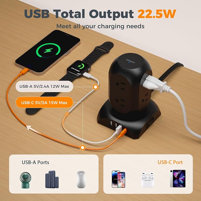 TESSAN Surge Protector Power Strip Tower, Flat Plug Extension Cord 10 Ft with 8 AC Multiple Outlets 4 USB Ports (1 USB C), 1050J Protection Desk Charging Station for Home, Office, Dorm Room, Black