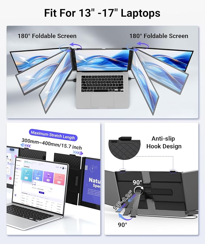 14" Triple Laptop Screen Extender, Ultra-Thin FHD 1080P Portable Monitor, 2.2lbs Lightweight Plug & Play Travel Monitor for 13"-17" Laptops, Compatible with Windows/Mac/Android/Chrome