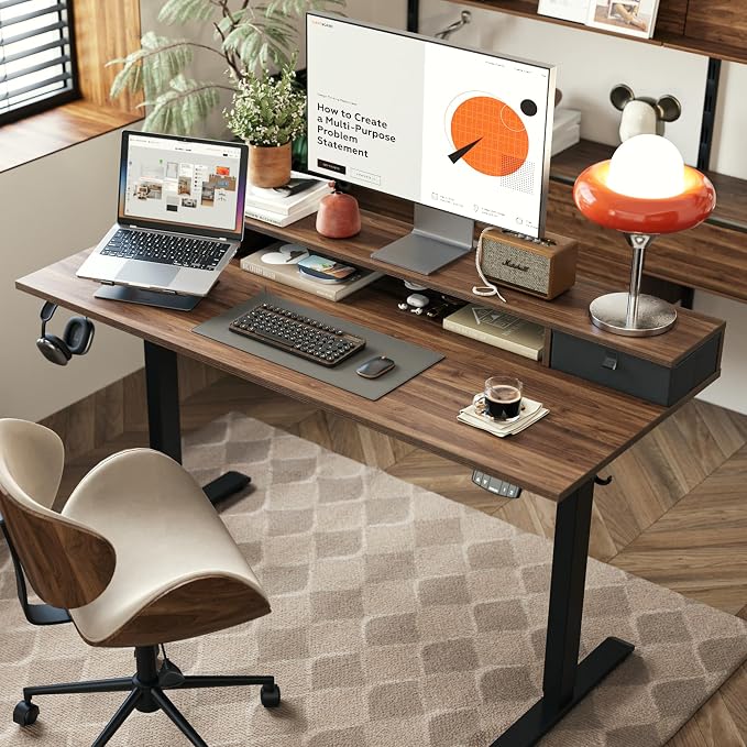 Agilestic 48 x 24 Inches Electric Standing Desk with 2 Storage Drawers, Adjustable Height Sit and Stand Computer Table with Splice Board, Dark Walnut