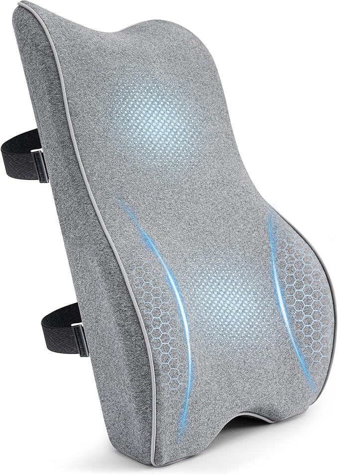Lumbar Support Pillow for Office Chair Car Seat Gaming Chair, Memory Foam Back Support Pillow, Lumbar Cushion Back Cushion for Lower Back Pain Relief, Adjustable Strap Washable Cover-Grey