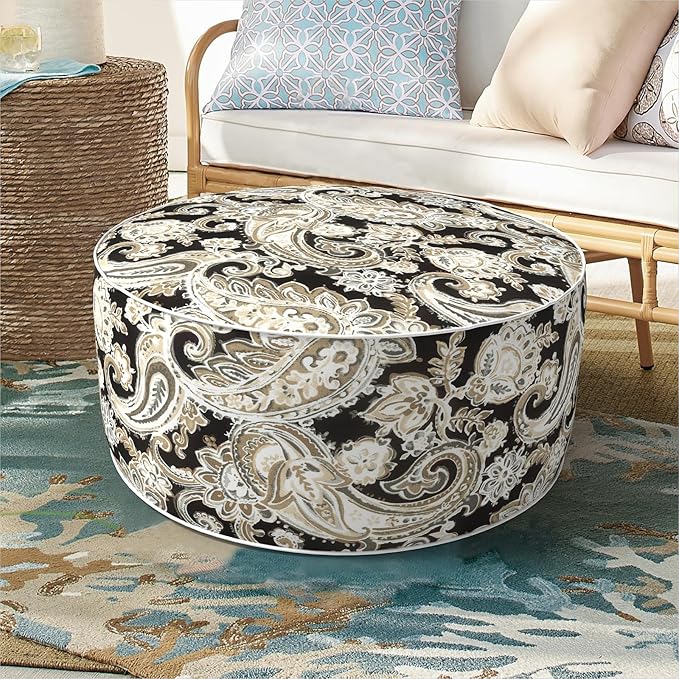 DYTXIII Inflatable Ottoman Stool D21 xH9 for Outdoor/Indoor Use, Water Repellent Patio Foot Rest Stool with Portable Handle,Round Pouf Ottoman Suitable for Garden,Deck and Camping - Paisley Black