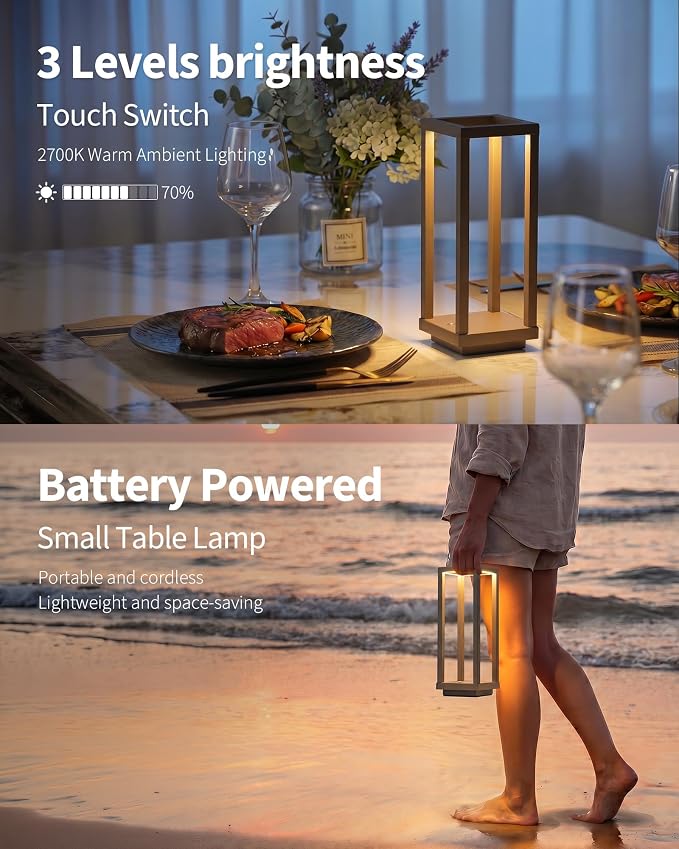 PUSU Cordless Waterproof Table Lamps Set of 2, Brown Outdoor Rechargeable 4000mAh Battery Operated Desk Lamp 2700K 3-Level Dimmable, Portable LED Lighting for Patio, Camping, Bedroom, Night Light