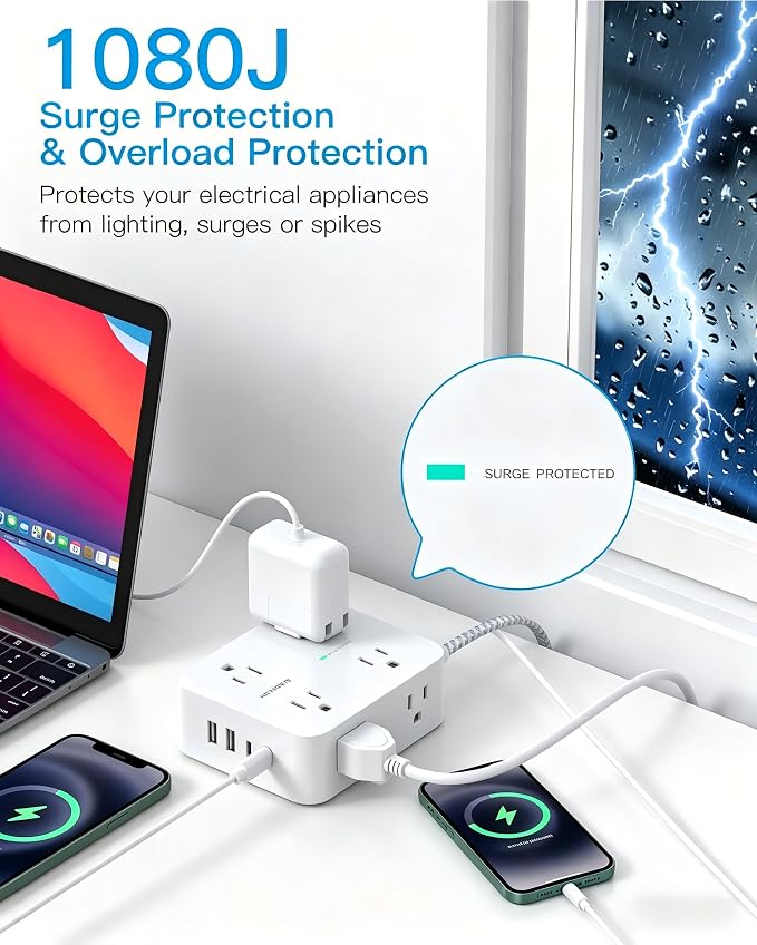 HANYCONY 10 Ft Braided Extension Cord with Ultra-Thin Flat Plug, 8 Widely Spaced Outlets & 4 USB Ports (2 USB C), 1080J Surge Protector Power Strip for Home Office, Dorm Room Essentials, Wall Mount