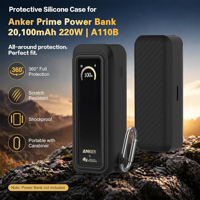 Silicone Case for Anker Prime Power Bank 20100mAh 220W Travel Protective Cover, Full-Body Shockproof | Compact | Tactile Grip | Impact Protect for Anker Power Bank 220W with Keychain (Black)
