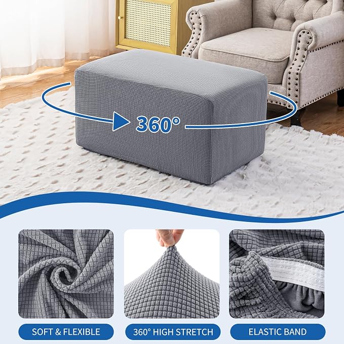 Ottoman Covers Ottoman Slipcovers Folding Storage Stool Washable Furniture Protector,Elastic Foot Stool Foot Rest Protector for Living Room Bedroom,Large,Light Gray