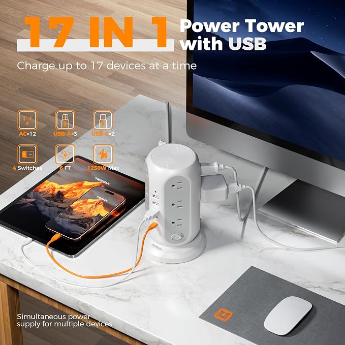 TESSAN Tower Power Strip with Individual Switches, Surge Protector with 12 Outlets, 5 USB Ports(2 USB C), Flat Extension Cord 6 Ft, 1250W, Charging Station for Multiple Devices, Office, Dorm, Grey