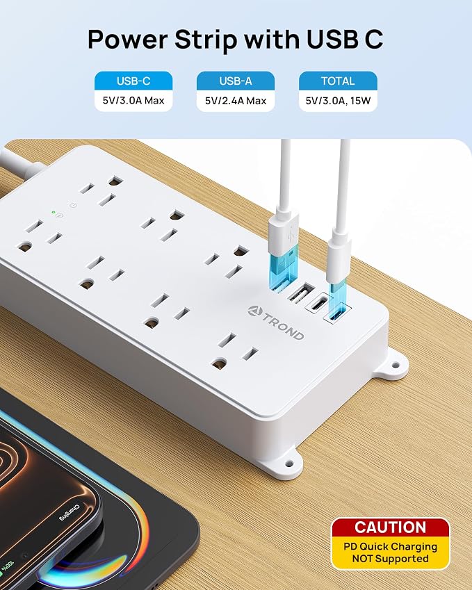 TROND 360° Rotating Plug Power Strip, ETL Listed, Flat Plug 10ft Extension Cord, 2 USB-A and 2 USB-C, Wall Mountable, 7 Widely-Spaced Outlets, 1700J Surge Protector, for Home Office Garage, White
