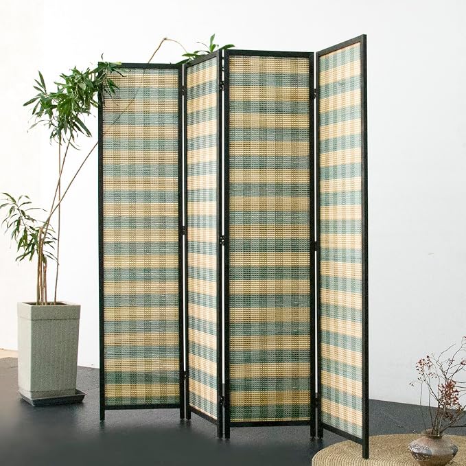 Furnnylane 4 Panel Bamboo Room Divider - 5.6 ft Tall (67" H x 63" W), Double-Sided Folding Privacy Screen in Blue Woven Stripe, No-Drill Freestanding Partition for Home Office & Bedroom
