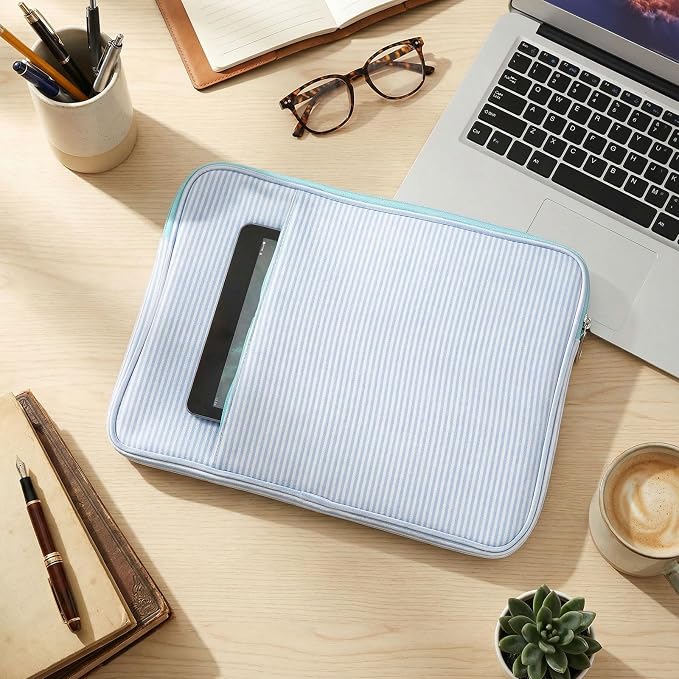 Huhumy Laptop Sleeve Case 13-13.3 inch for Women, Cute Seersucker Laptop Sleeve with Pocket Thin Computer Carrying Bag for Office Business Trip Compatible with Various Laptops Models(Blue)
