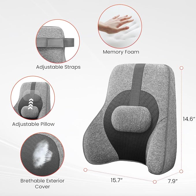 COMFIER Lumbar Support Pillow for Office Chair with 4 Shiatsu Massage Heads & Heat, Memory Foam Back Support for Computer Gaming Chair - Dark Gray