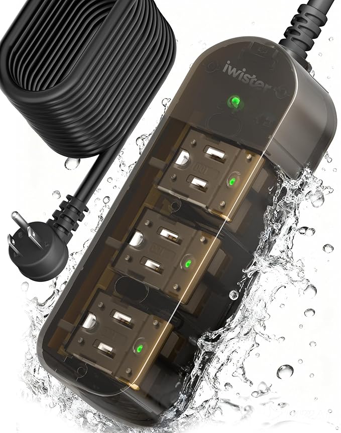 Outdoor Power Strip, 3 AC Outlets, 25 FT, 1625W/13A High-Power Single-Device Use, with Anti-Electric Shock & IPX6 Waterproof, Ideal for Backyard, Patio, Garage, Kitchen, Workshop, Camping, RV