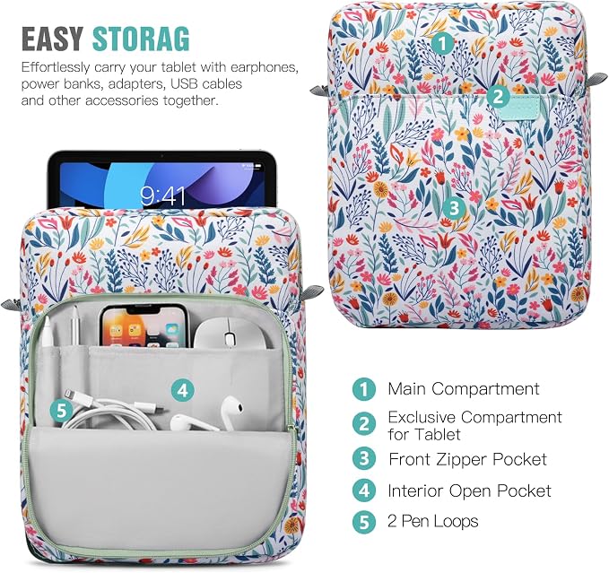 TiMOVO 9-11 Inch Tablet Sleeve Bag with Shoulder Strap for iPad 11-inch A16 2025, iPad 10th Gen. 10.9"/10.2", Galaxy Tab A9+/A11Plus 11", Flowers