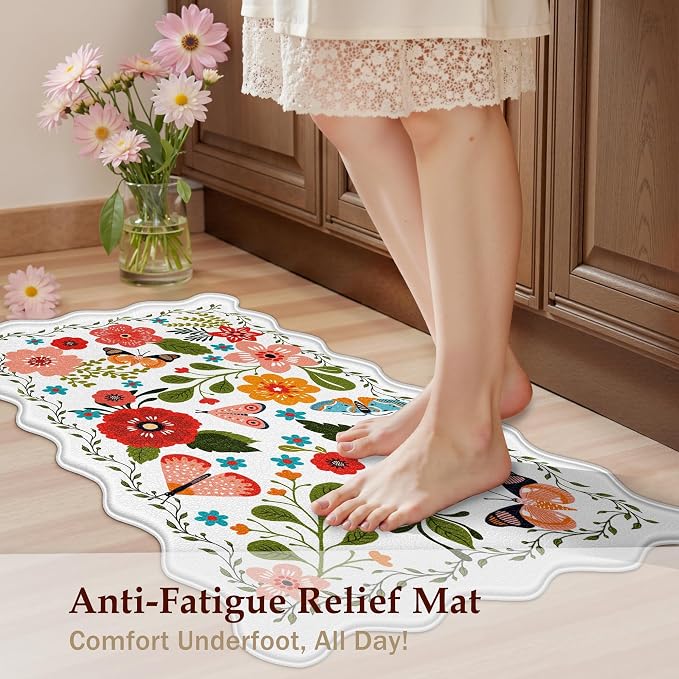Arenarug Scalloped Kitchen Mats for Floor 2PC Cushioned Anti Fatigue Kitchen Mats Rugs Waterproof Non Slip Boho Floral Comfort Foam Standing Mat for Sink Laundry, White,17.3x30+17.3x59