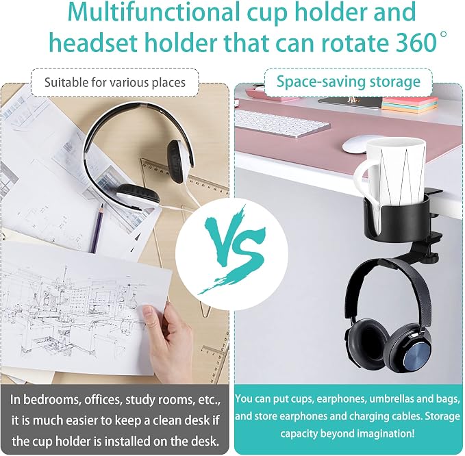 2 in 1 Desk Cup Holder with Headphone Hanger Holder, Anti-Spill Cup Holder-360° Rotation Aluminum Alloy Stand Hook Bearing Capacity 10kg/22lb Suitable for Coffee Mups,Water Cups,Bag,Headphone