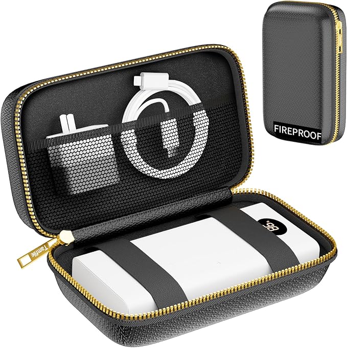 Electronics Travel Organizer with Fireproof Zipper, Hard Case Explosion-Proof Cables Carry Box Compatible with Hard Drive, Fireproof Portable Safe Storage for Power Bank, Phone, Charger, Cord, Black